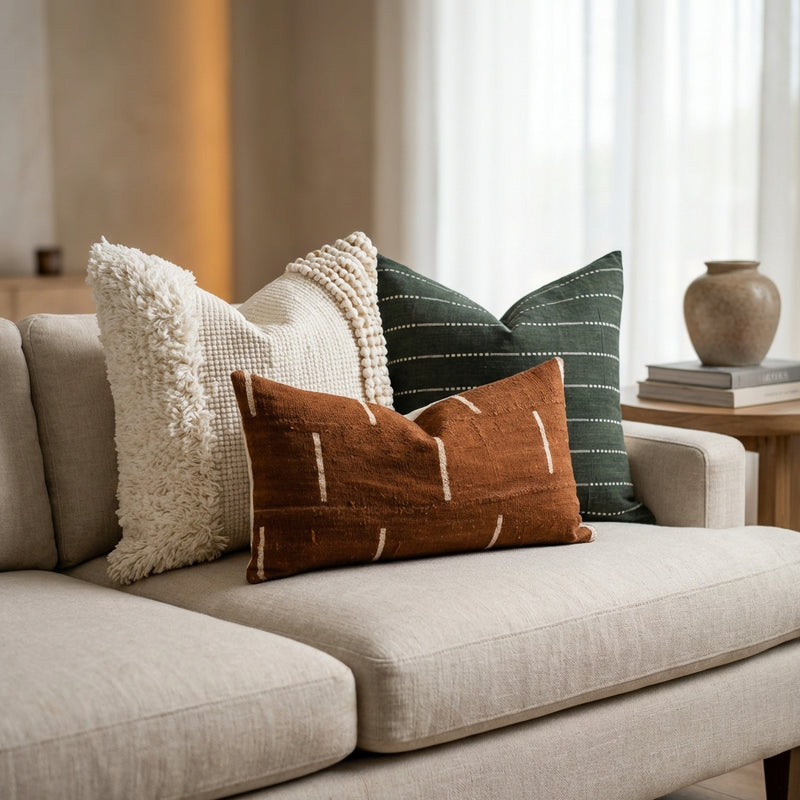 Create a luxurious, high-resolution image of the 'SPIL Brown Lumbar Pillow Cover Set' arranged elega