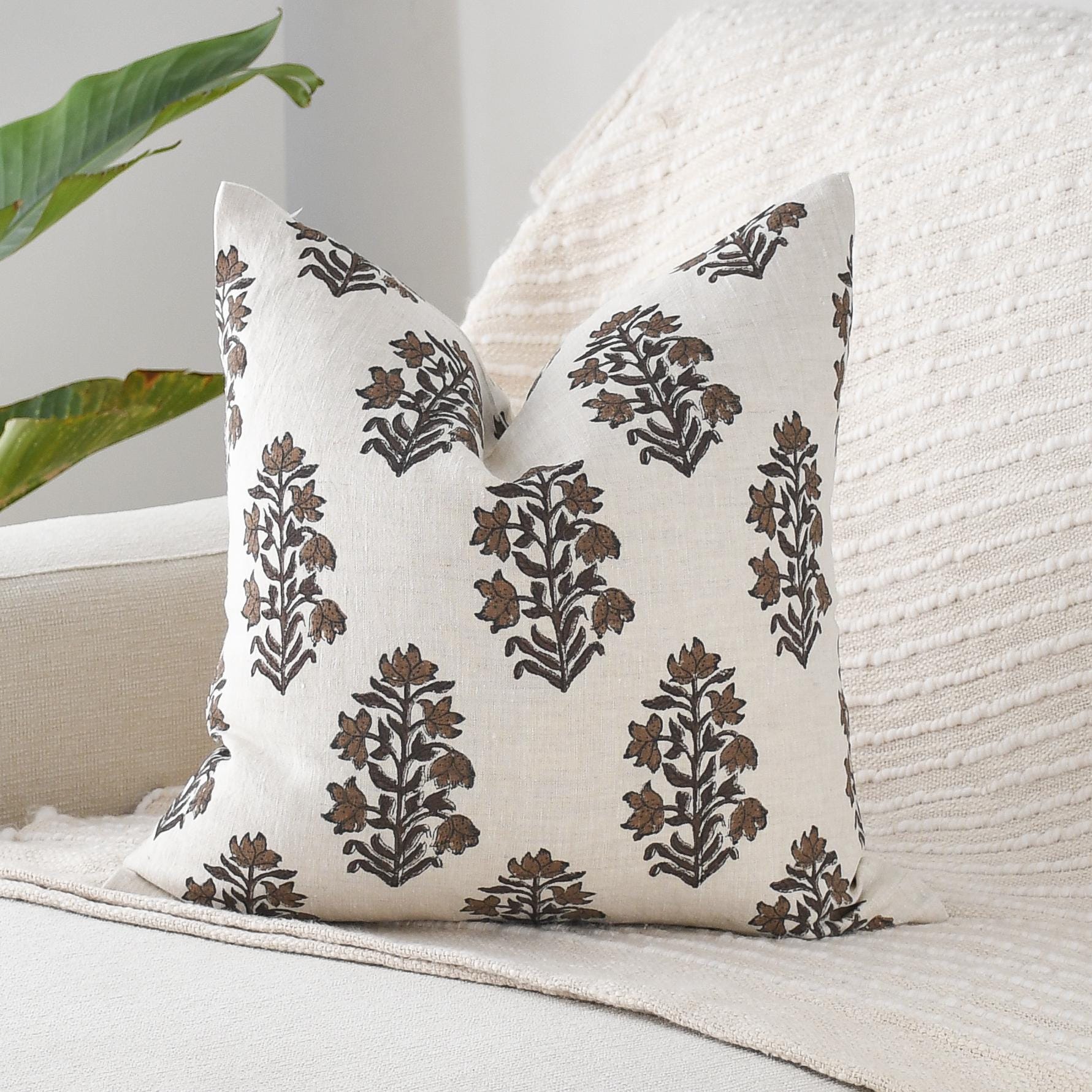 Brown Floral Block Print Pillow Cover